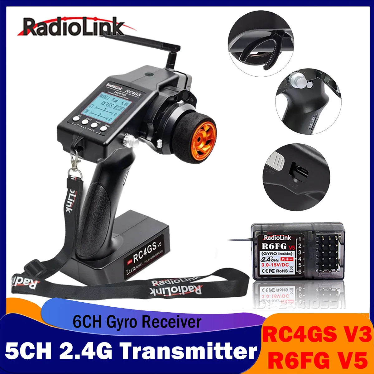 RadioLink RC4GS V3 5CH Transmitter 2.4G Remote Controller + R6FG Gyro 6CH Receiver Radio System for RC Car Boat Model Toy Robot