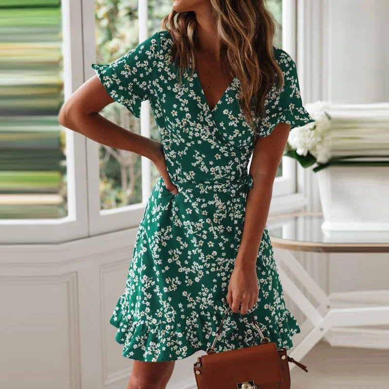 Boho Floral Print Ruffles Women Dress  Summer Sexy V Neck Short Sleeve A Line Chiffon Mini Dresses Beach Vacation Sundress