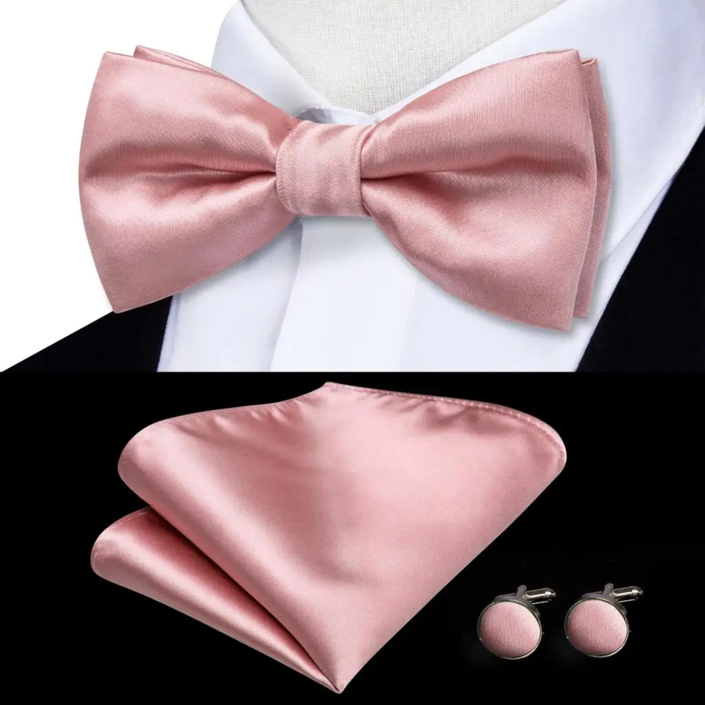 Hi-Tie Silk Mens Bow Tie Pocket Square Cufflinks Set Peach Pink Salmon Pre-tied Butterfly Knot Bowtie for Male Wedding Business