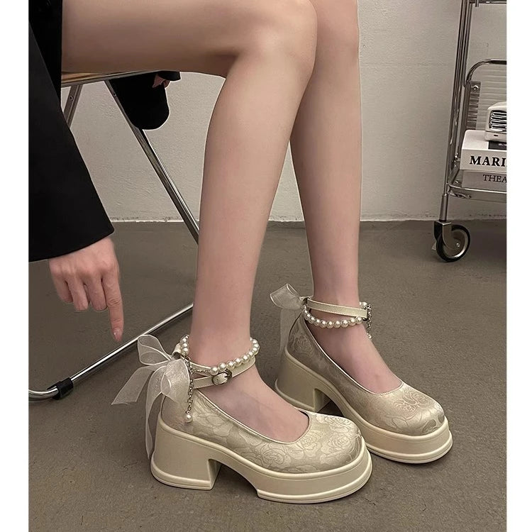 Frühling Damen Dicke Platform Mary Janes 2025 - Lolita Schuhe Sommer - Schleife Kette Party Pumps Oxford Schuhe