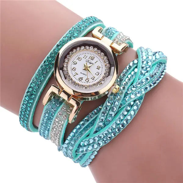 Damen-Uhr 2025: MOONBIFFY Fashion Casual Gold Quartz Women Rhinestone Watch - Braided Leather Bracelet Watch Gift Ladies Wristwatch Relogio Feminino Gift Collection