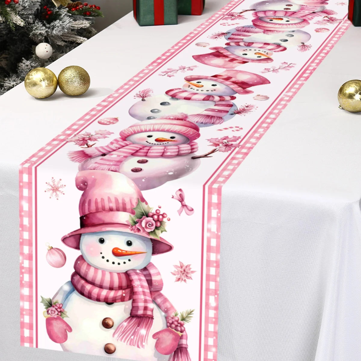 Pink Christmas Table Runner Snowman Santa Claus Merry Christmas Decorations For Home 2025 Navidad Noel Gift New year Tablecloth