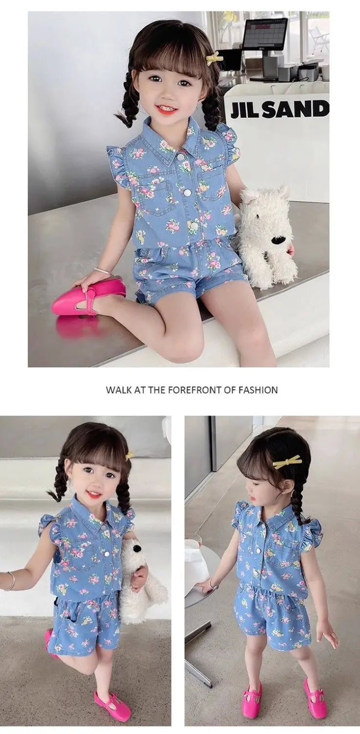 Children's Clothing Sets Floral Print Lace Sleeveless Top + Shorts 2pcs Sets  Baby Girl Outfit Set Kids Clothes for Girls