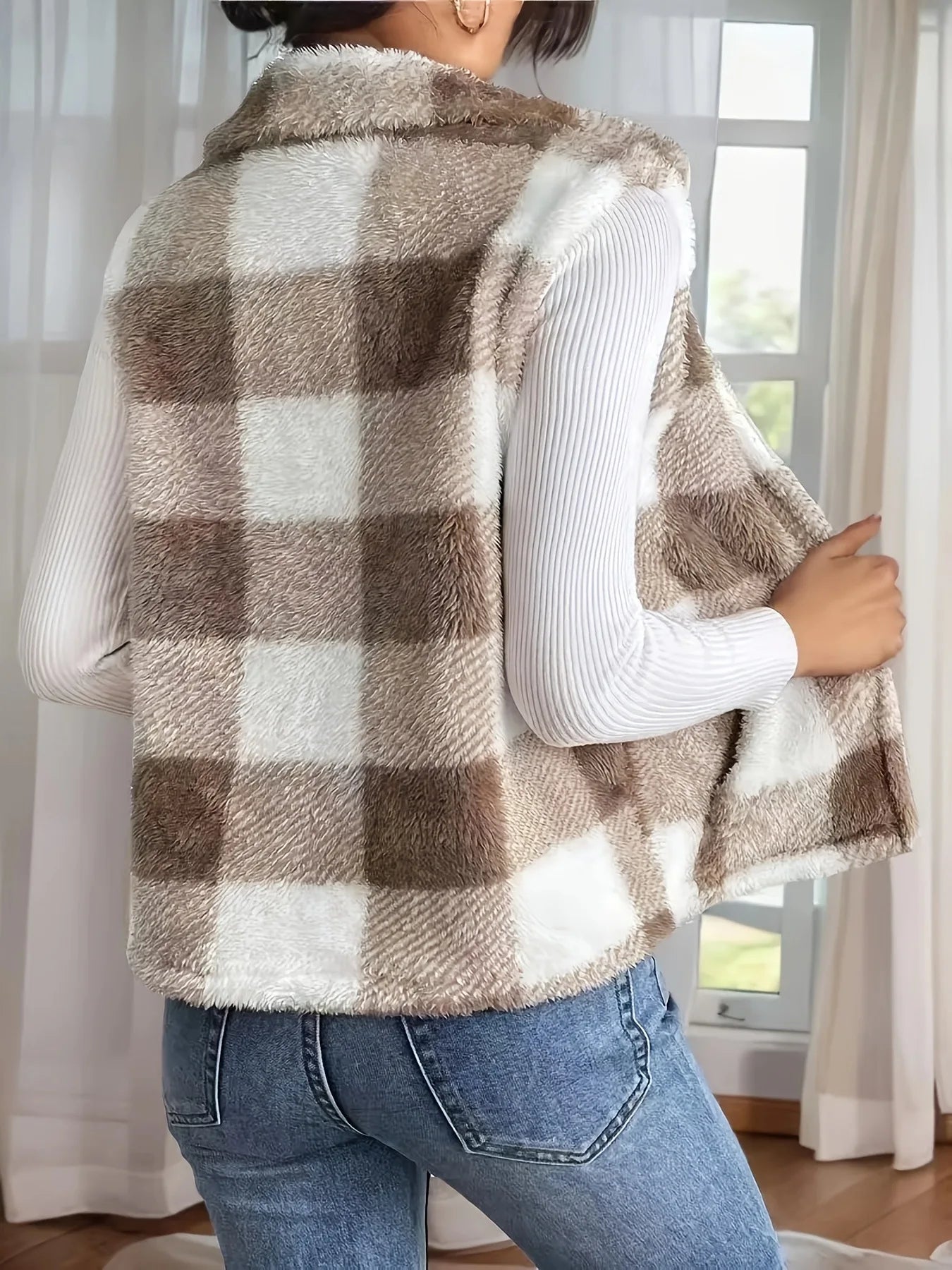 Vestă VigoCasey cu imprimeu în carouri - fermoar, lejeră, din pluș, călduroasă, mărime obișnuită, material poliester, spandex, fără umplutură