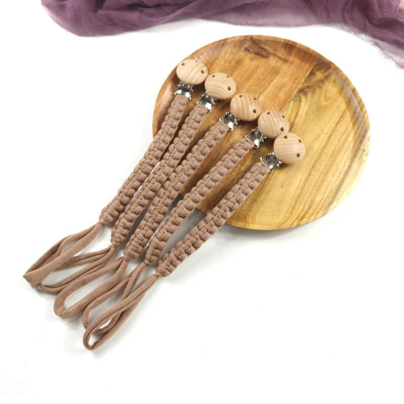 Baby Pacifier Chain Hand Braided Cotton Cloth Handmade Heart Shape Wooden Dummy Pacifier Clips For Nursing Teether Shower Gifts
