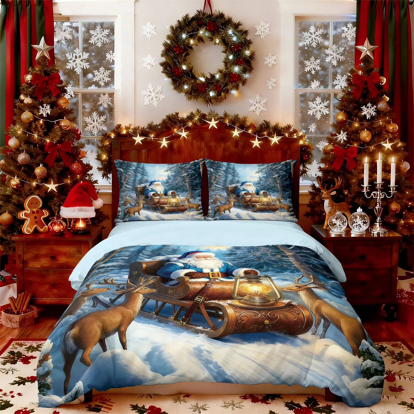 3pcs Merry Christmas, Santa Claus Printed Chipless Bedding Set, Multi Size Bedding Decoration, Comfortable and Machine Washable