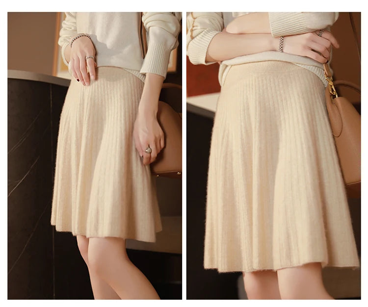 Elegant Women 100% Wool Knitted Skirt Korean Fashion Solid Casual A Line Ladies Pleated Short Skirt Spring Chic High Waist Skirt
