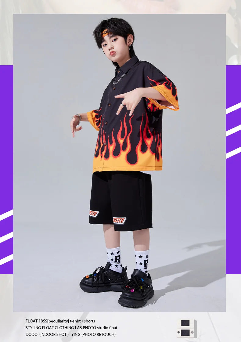 Jungen-Streetwear-Set 2025: Hip-Hop Flame-Design - Urban Dance Collection