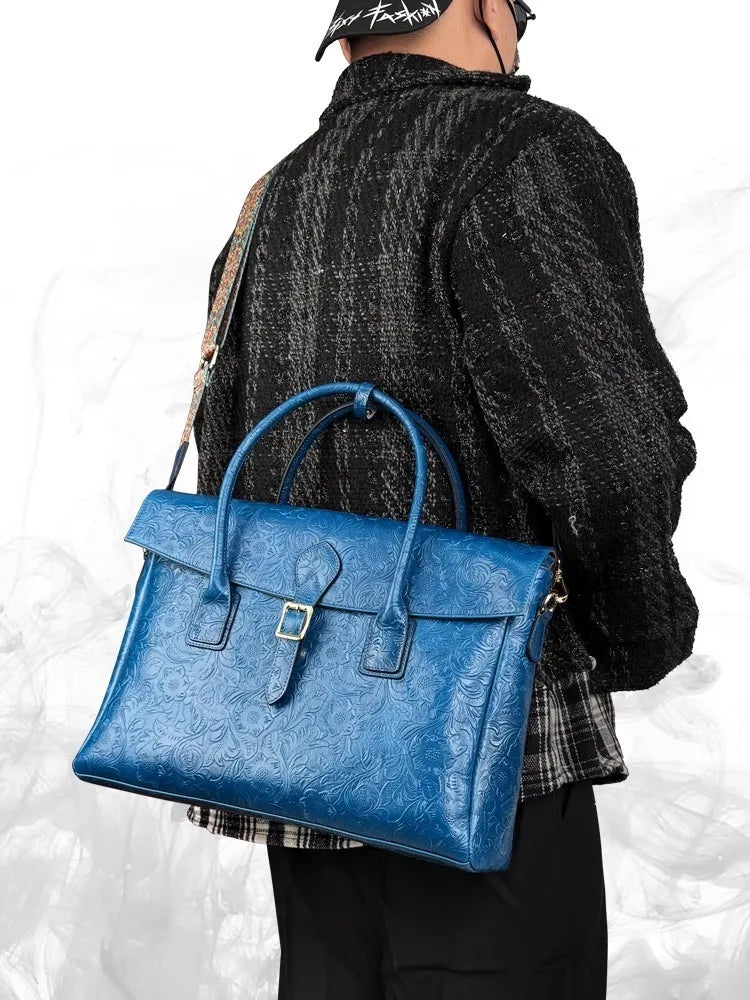 Vintage flower carved leather bag  single shoulder briefcase & business satchel