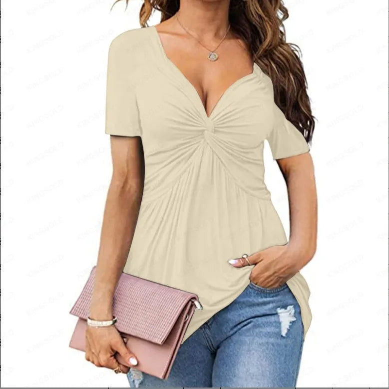 Women Tshirt Twisted V-Neck Short Sleeve Solid Color Sexy Office Lady Casual Slim 2025 Summer Fashion Tee Tops Femme Clothing