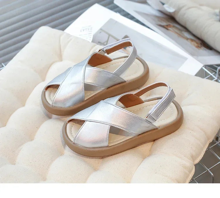 Girls Flats Solid Color Trendy Kids Sandals Hook&loop Adjustable 2025 Summer New Boys Fashion Beach Shoes Hollowed-out Chic