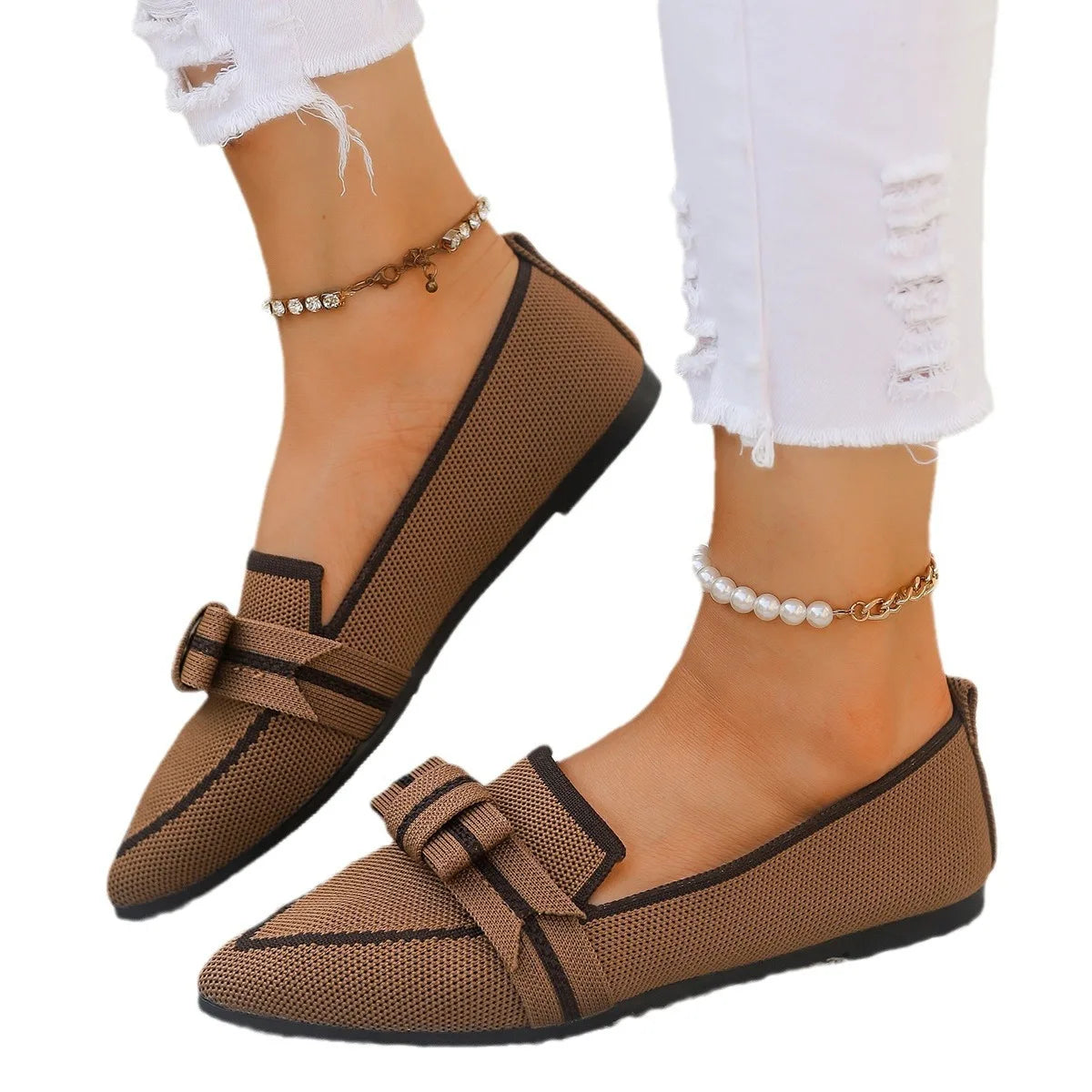 Women Flats 2024 New Knitted Slip Breathable Comfortable Solid Color Shoes Casual Pointed Toe Walking Loafers Sneakers Women