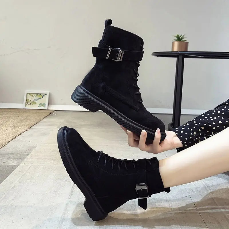 Ghete Shangkaka cu șireturi și căptușeală caldă, negre - Mărimi 36-41, Toc 1-3 cm