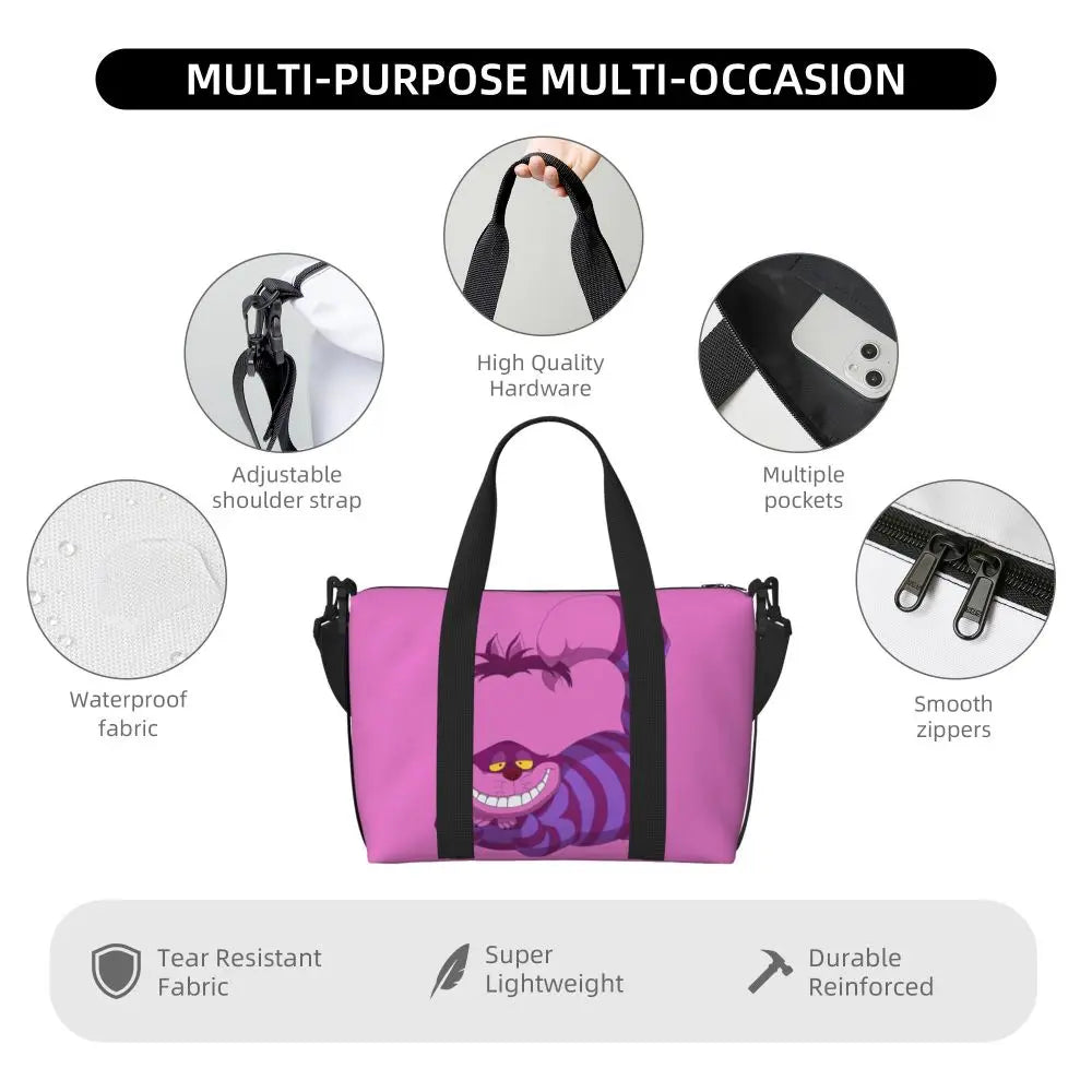 Custom Cheshire Cat Beach Tote Bag for Women We're All Mad Here Cat Big Compartment Gym Beach Travel Bags