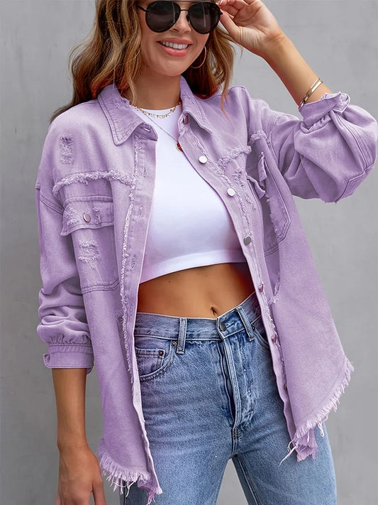 Hip Hop Rough Edges Denim Jacket Ripped Pocket Lapel Long Sleeve Single-breasted Vintage Jeans Jacket Coat Women Spring Coat