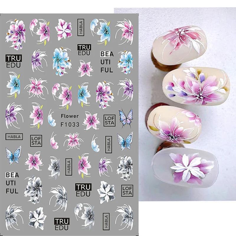 New Spring Fresh Flowers Butterfly 3D Nail Stickers Colorful Laser Butterflies Geometric Pattern Stickers Nail Decoration 1PCS