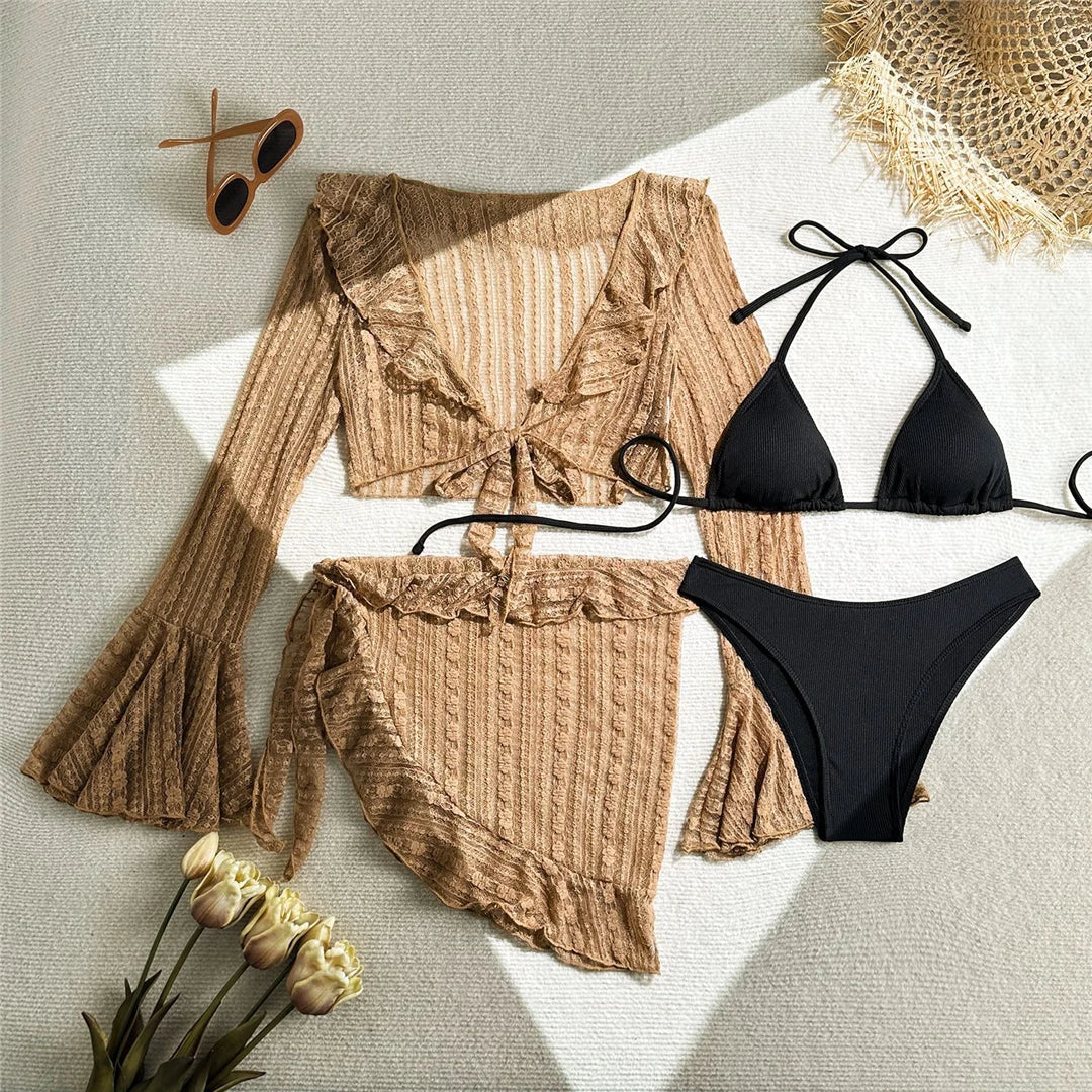 4PCS Halter Bikini Set Sarong Langarm - Vierteilig S M L