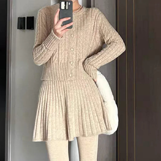 ZJOAN SHOWCN O-Neck Cardigan Set - Knopfverschluss Kurzrock Elastischer Bund Grau Khaki Größe Regular Extra-Heavy