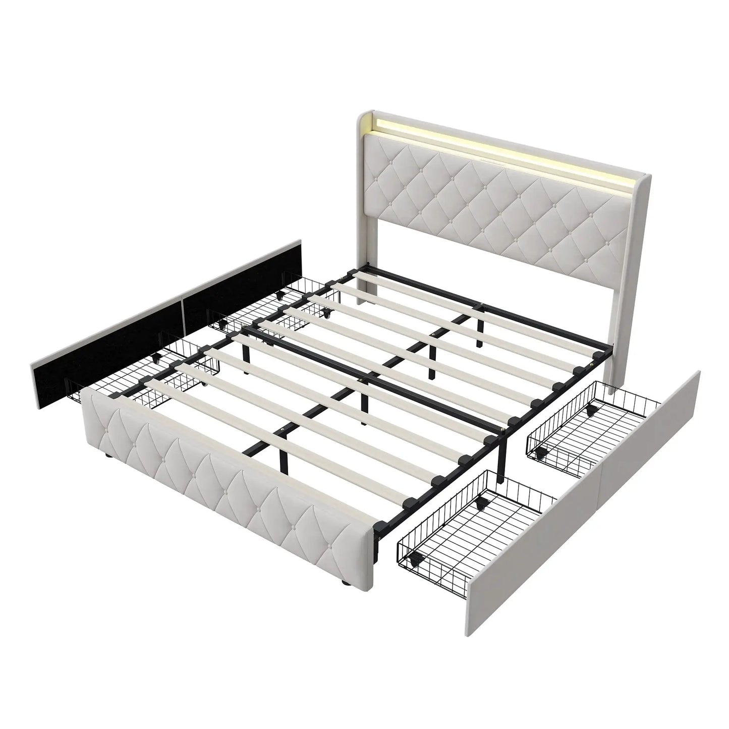 Gepolstertes Bett LED Beleuchtung USB Ladeanschluss Vier Schubladen