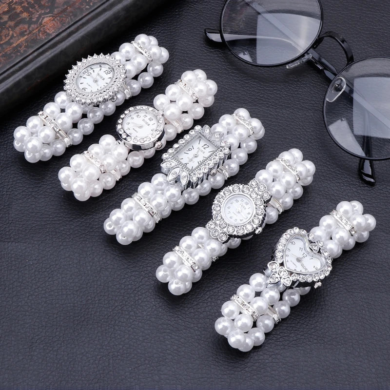 Frauen Uhr Simulierte Perlen Strass Luxus Mode Elegant Handgelenk Band Armband Schmuck Geschenke Dame Elastisch Universal Charms