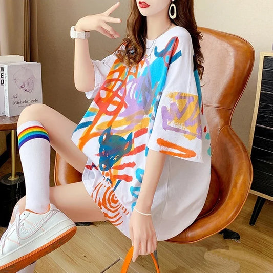 Sommer-T-Shirt 2025: Short-sleeved T-shirt Women's Pure Cotton Summer - New Loose Slim Round Neck Versatile Outside Printed Design Top Trendy Collection