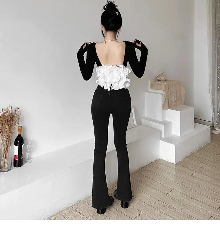 New Sexy Tshirts for Women 2025 Ropa Mujer Patchwork Tops Tunic Long Sleeve Tees Backless Crop  Fashion Casual Y2k T-shirt