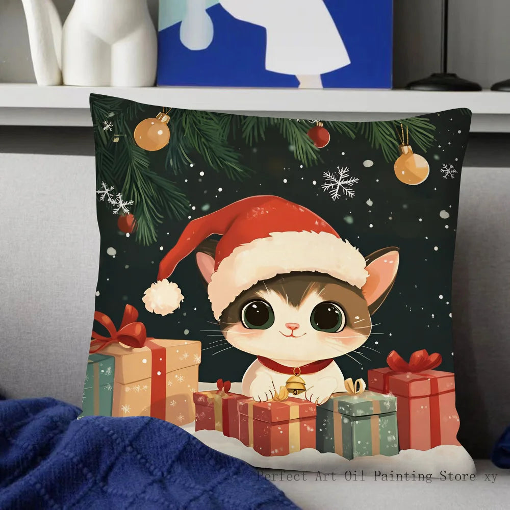 Christmas Cat Pillow Case Fashion Square Pillowcase Bedroom Sofa Room Ins Decoration Leisure Cushion Cover 40x40