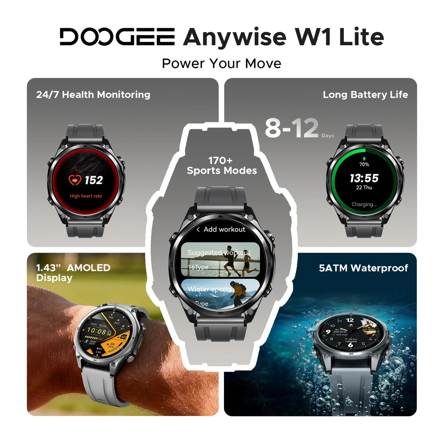 DOOGEE ANYWISE W1 LITE - Akku 8-12 Tage, 5ATM, 1,43Zoll
