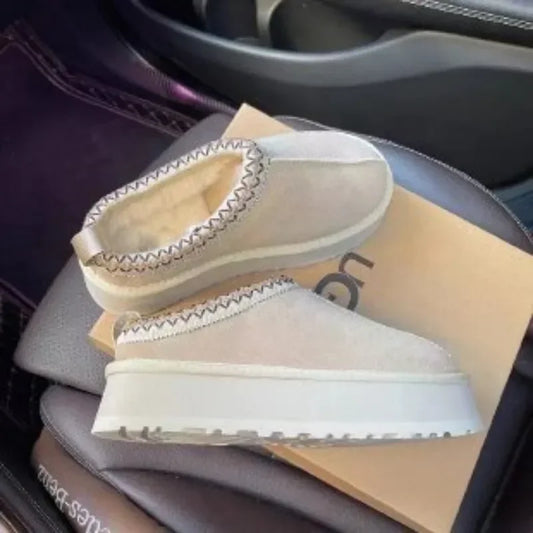 Papuci de blană HKSHC cu talpă groasă - mărimea EU36-41, căptușeală scurtă de pluș, toc 3-5 cm