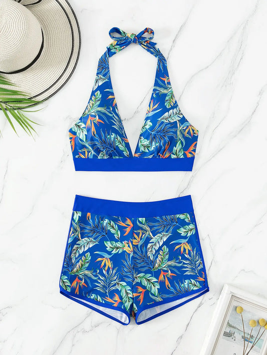 Halter Bikini Set High Waist Design Wire-Free Support Spandex Polyester Kurzer Schwimmanzug