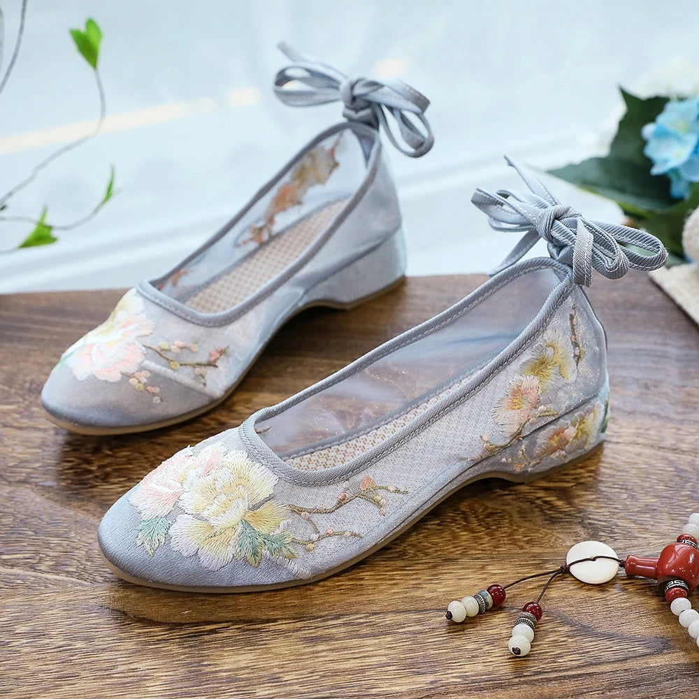 Ballerinas 2025: Veowalk Long Ankle Strap Summer Women Gauze Mesh - Embroidered Ballet Flats Breathable Comfortable Walking Shoes Elegant Lady Collection