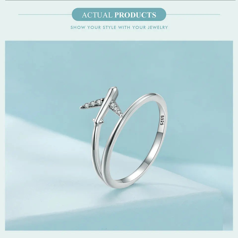 WOSTU 925 Sterling Silver Platinum Airplane Double layer Rings Women Shiny Zircon Aircraft Ring Party Jewelry Girl Holiday Gift