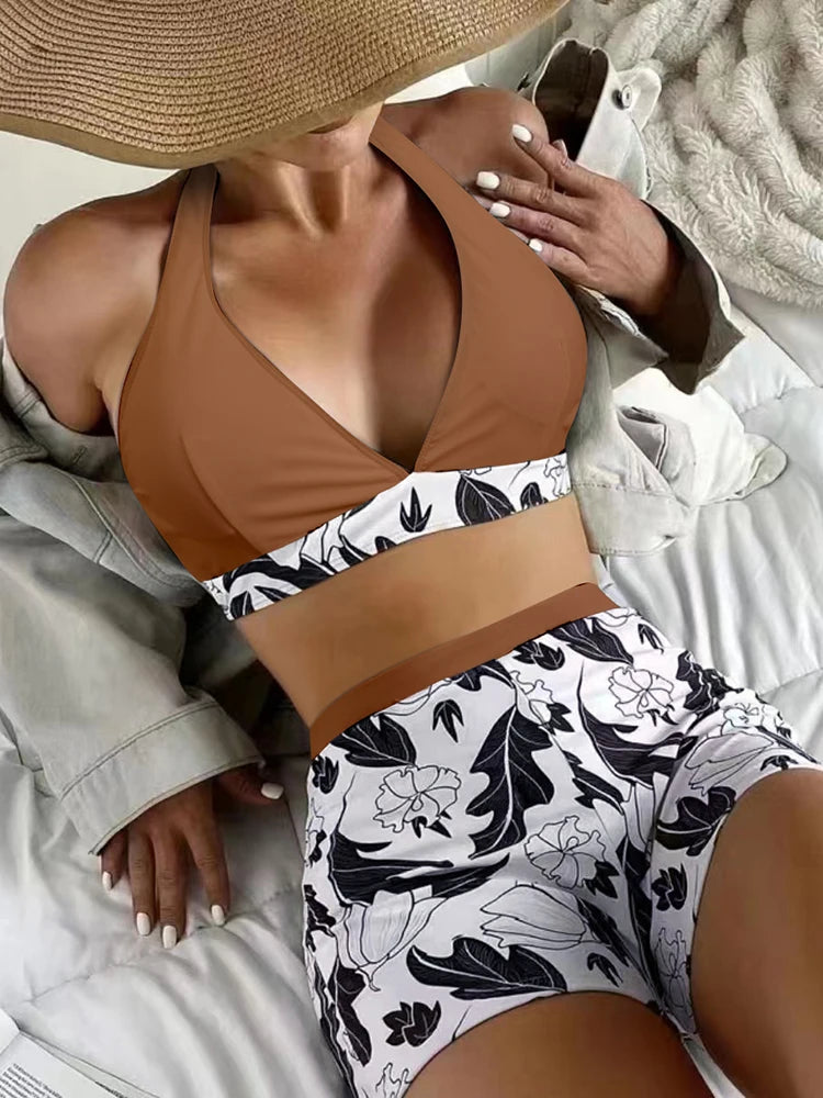 Halter Bikini Set Kurzer Schwimmanzug Frauen High Waist Bedruckte Bademode