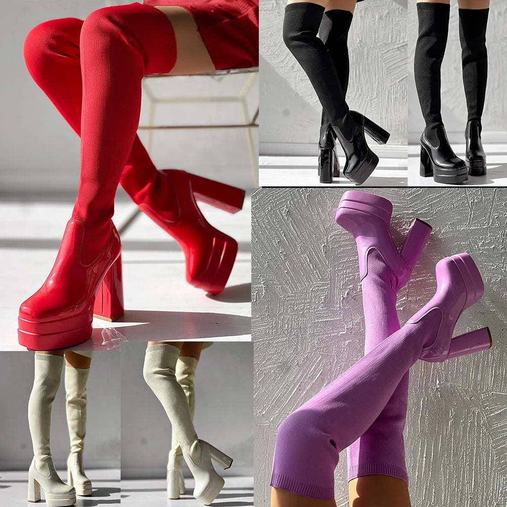 Ghete peste genunchi KarinLuna cu toc cu platformă - lungimea tijei deasupra genunchiului, înălțimea tocului 8 cm, mărime standard