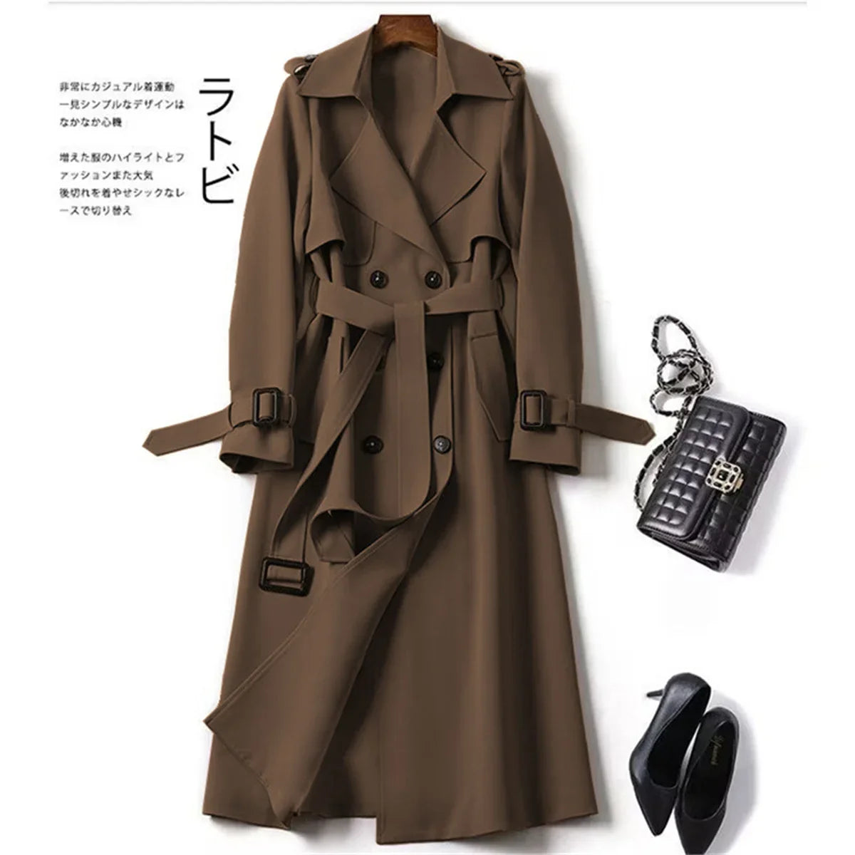 Elegant Women  Fashion British Jackets Autumn Winter Widebreaker Streetwear Midi Coats Casual Office Lady Button Slim Chic Coat