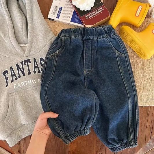 Jeans For 1-8Y Boys Autumn Winter Solid Spliced Cotton Kids Boys Trousers Fashion Velvet Thicken Children Boys Warm Jogger Pants