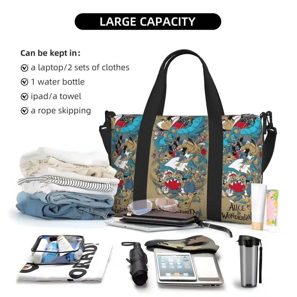 Custom Cheshire Cat Beach Tote Bag for Women We're All Mad Here Cat Big Compartment Gym Beach Travel Bags