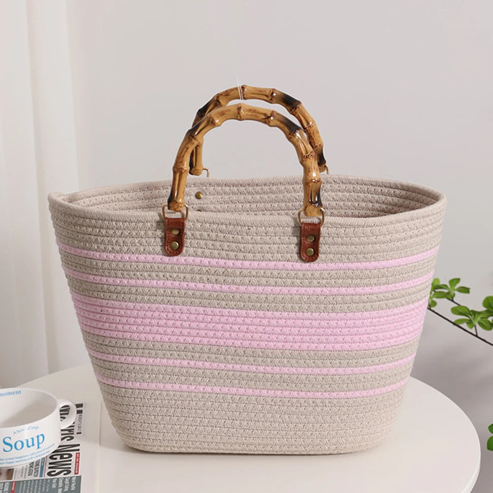 Beach Vacation Bags Bamboo Handle Holiday Hand Bag Large Capacity Striped Portable Casual Fashion Exquisite for Seaside Party