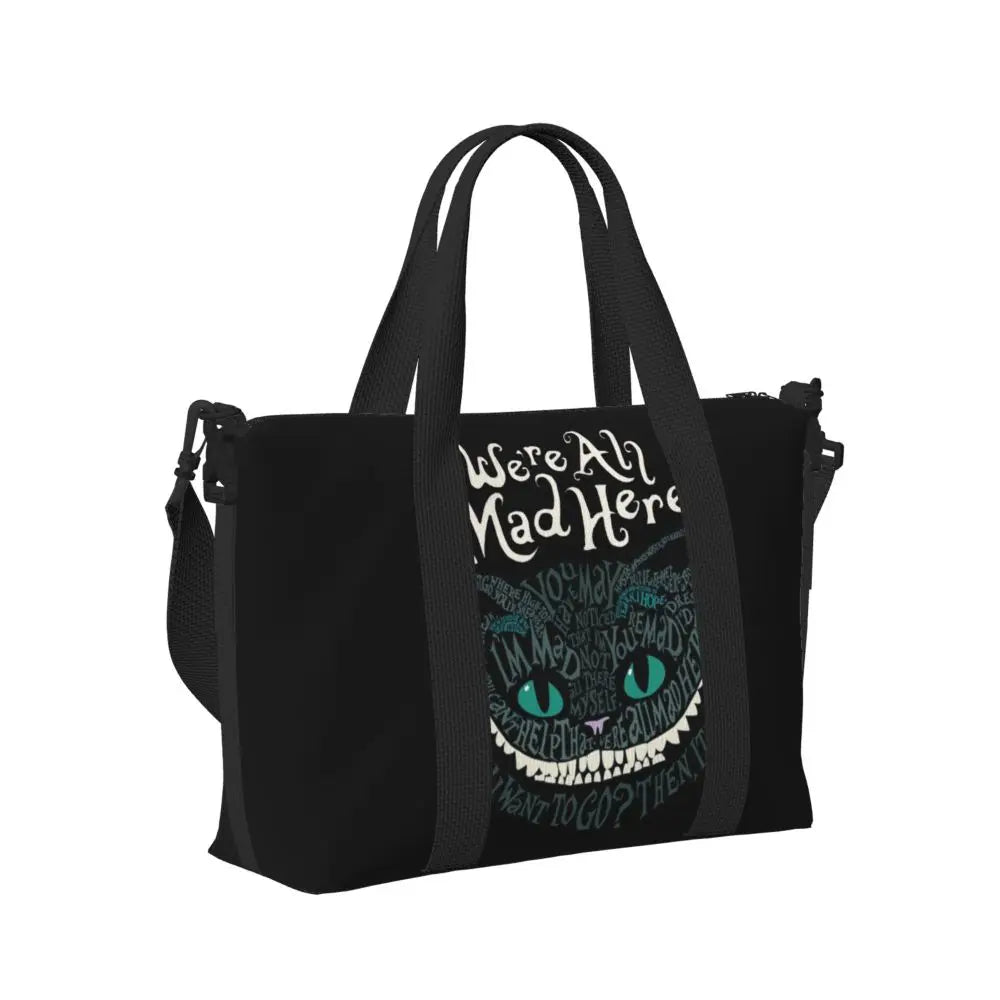 Custom Cheshire Cat Beach Tote Bag for Women We're All Mad Here Cat Big Compartment Gym Beach Travel Bags