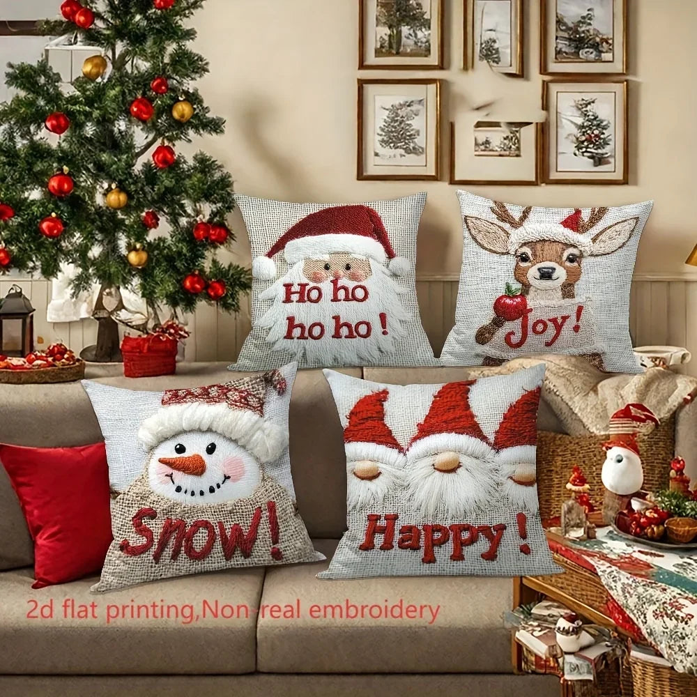 4pcs Christmas Pillow Covers Set, Santa Reindeer Snowman Gnome Printed Cushion Cases, Festive Xmas Home Sofa Decorative Throw