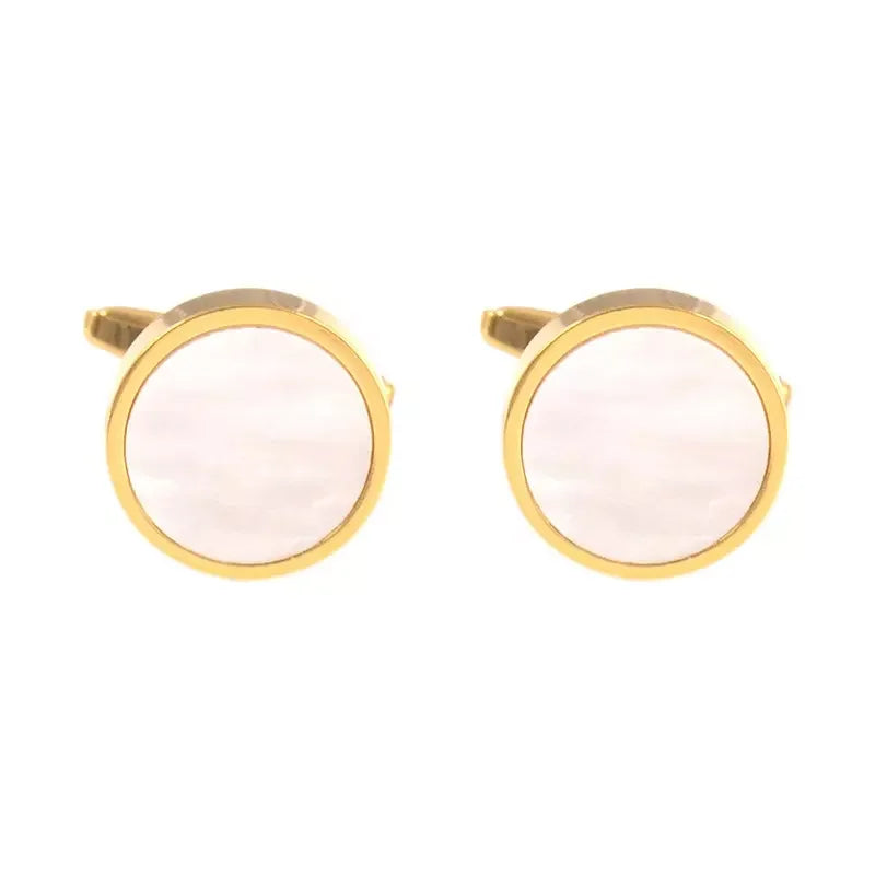 Hot Sale Gold Color Pearl Shell Cufflinks Lepton Stainless Steel Round Cufflink for Mens Wedding Business Cuffl Links Gemelos