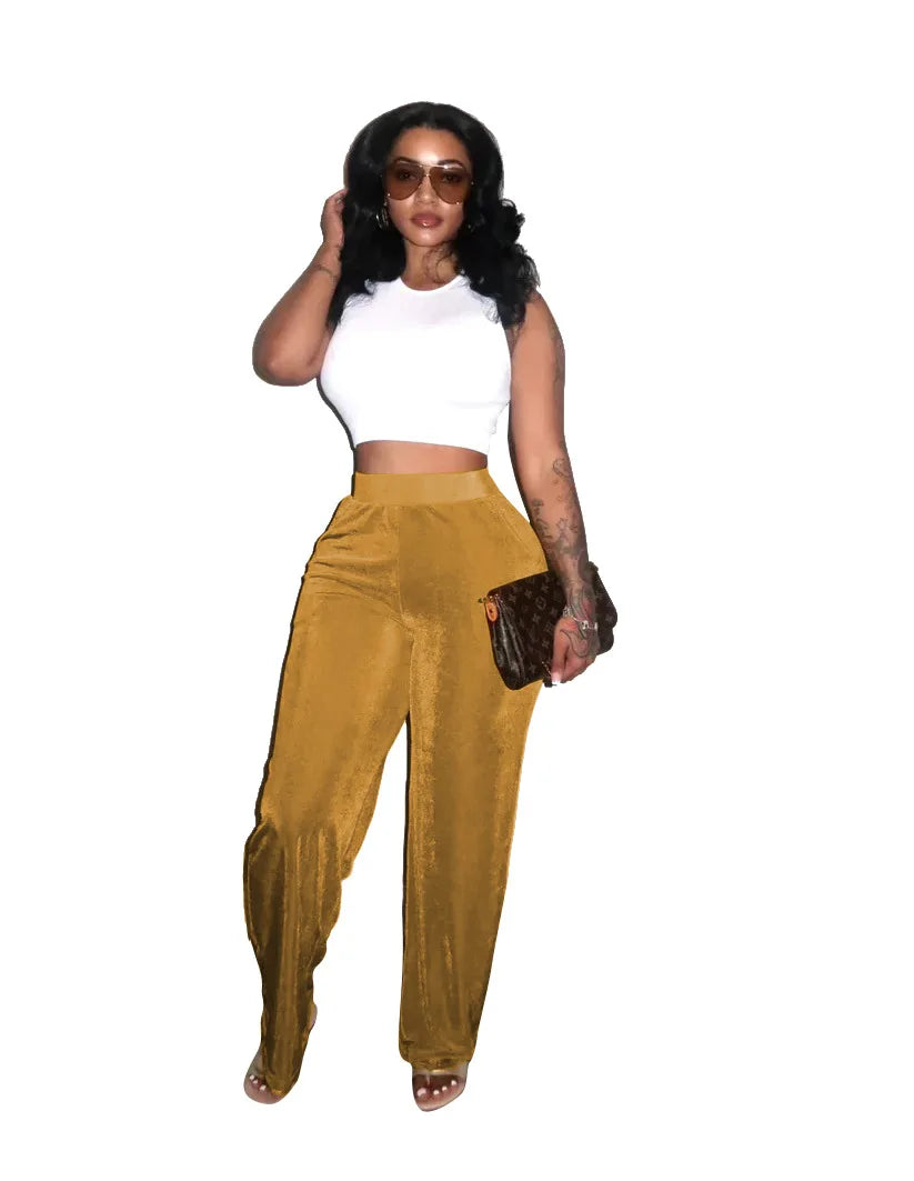 CM.YAYA Samt Hohe Taille Hose - Elast Bund Polyester S-XL