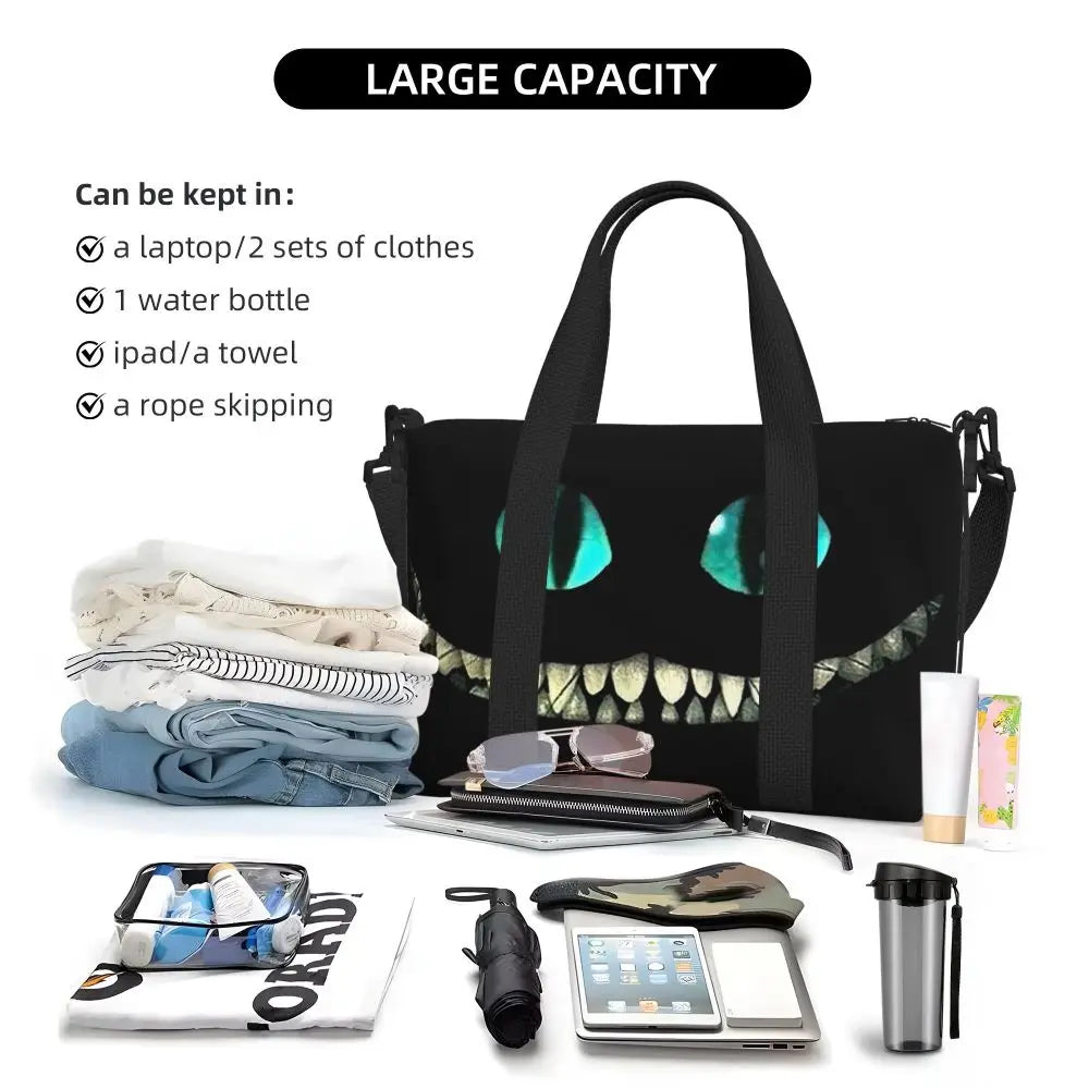 Custom Cheshire Cat Beach Tote Bag for Women We're All Mad Here Cat Big Compartment Gym Beach Travel Bags