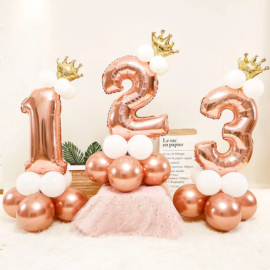 Chrome Rose Gold 32inch Number Foil Column Balloons Happy Birthday Party Decorations Kids Boy Girl 1 2 3 4 5 6 7 8 9 Year Old