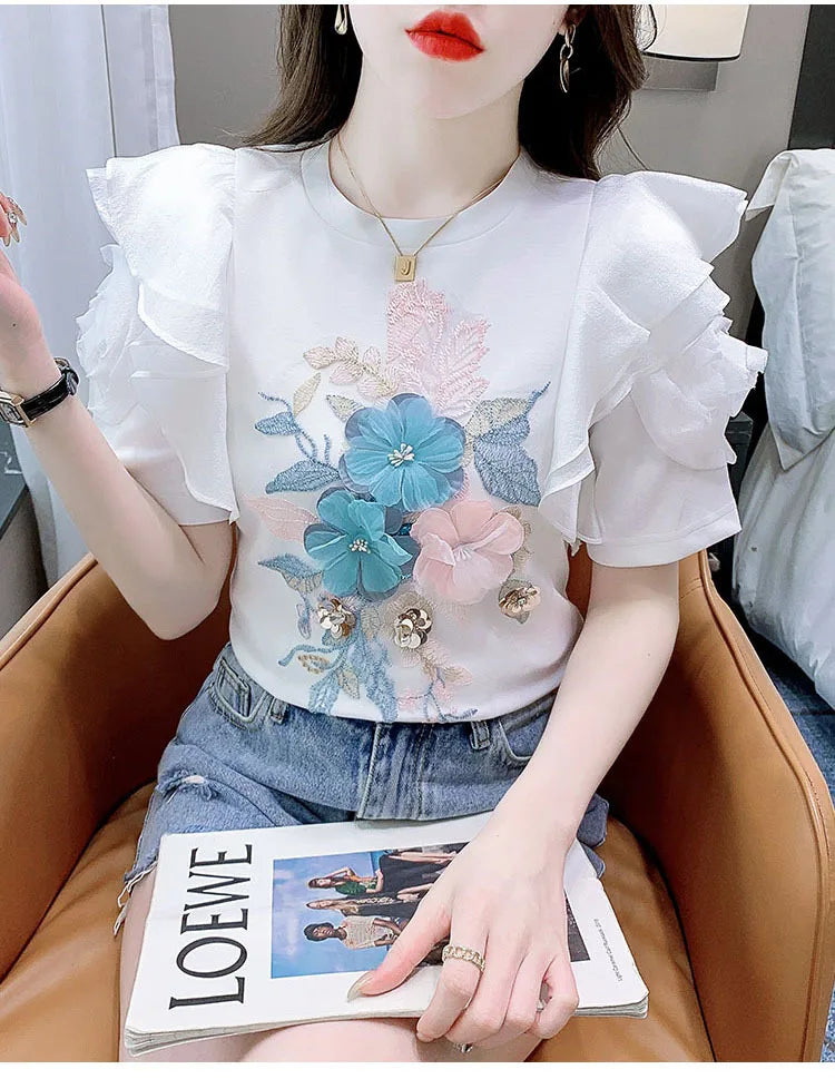 Ruffled White T-shirt Women's Short-Sleeved Floral Tshirt 2023 Summer New High-End Heavy Embroidery Flower Chic Top Tees