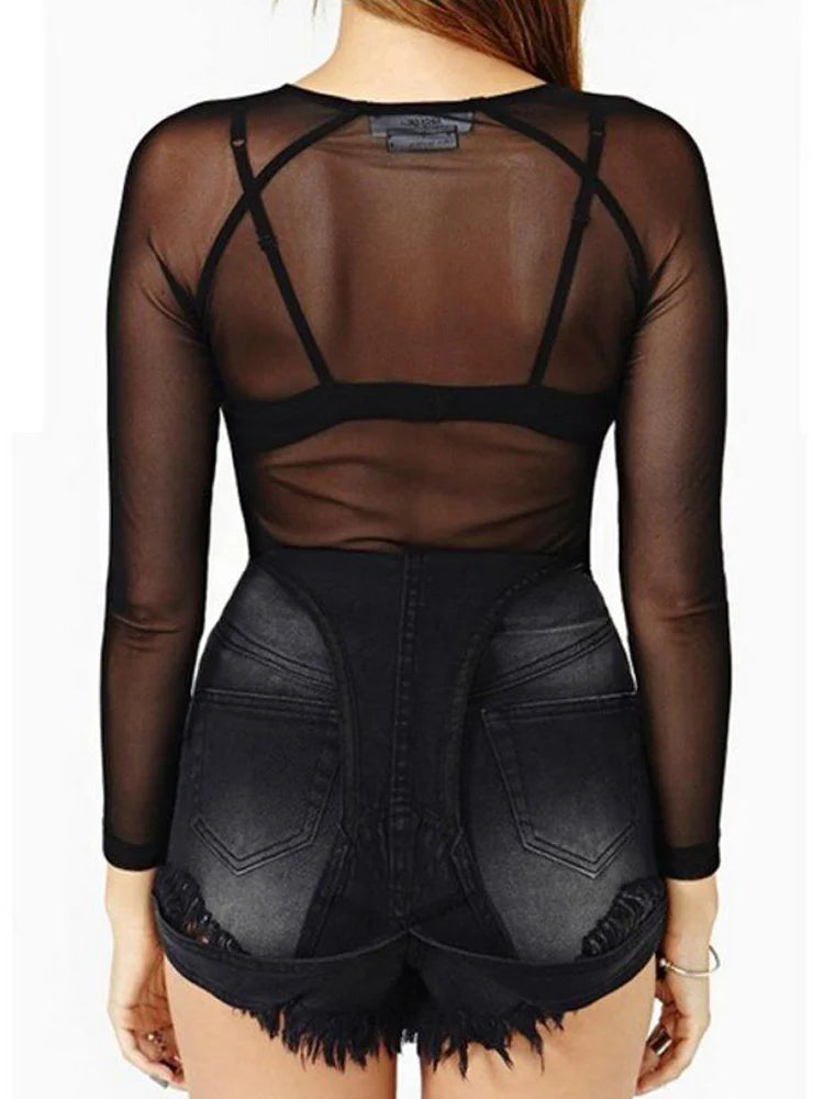 Langarm-Top 2025: Dozw Spring Summer Womens Long Sleeve Sexy Black Mesh Top - Blouses Transparent Punk Club Shirt Tees Beach Tops Collection