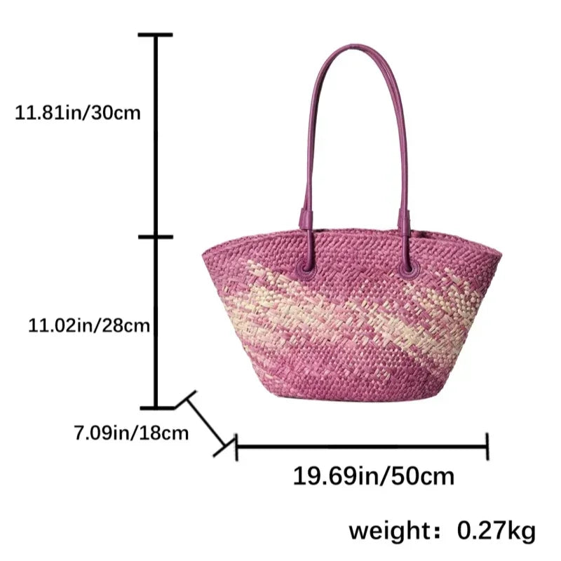 Summer Seaside Beach Bag Hand-woven Large Capacity Straw Tote Bag Gradient Color Design Women 's Travel  Vacation Shoulder Bag
