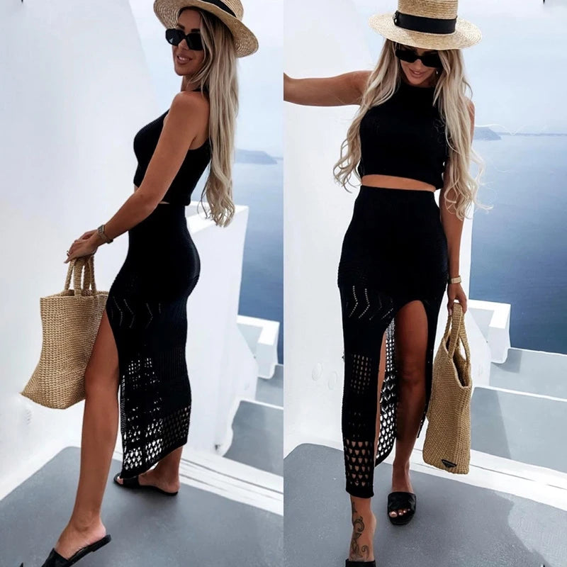 Strandmode Frauen Sommer Kleid: Bohemian Young Style Solid Spandex - Split Rock Zweiteilig Strand Cover-Up Urlaub Outfits