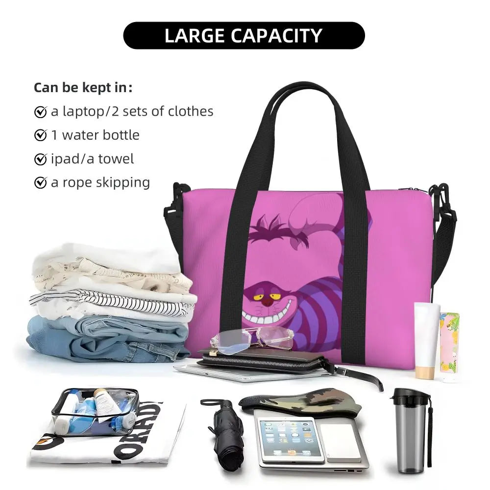 Custom Cheshire Cat Beach Tote Bag for Women We're All Mad Here Cat Big Compartment Gym Beach Travel Bags