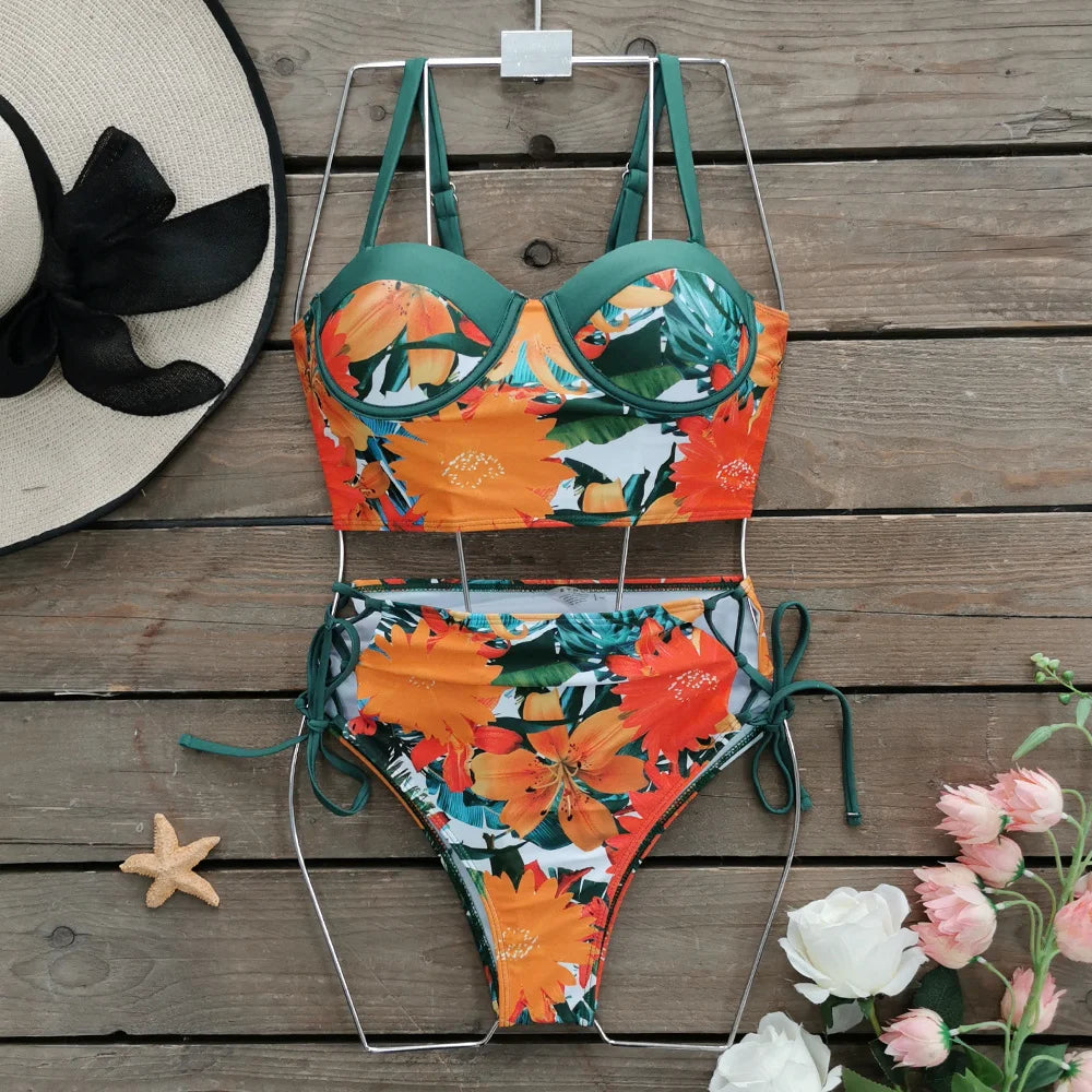 High Waist Schwimmbekleidung 2025: Underwire-Support Mori Girl Style sporlike - Neuer Blatt Druck Vintage Retro Badeanzug Halter Polsterung
